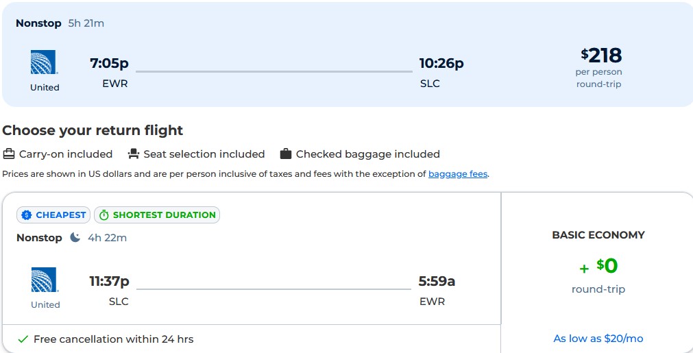 Nonstop flights from New York to Salt Lake City, Utah for just $218 roundtrip with United Airlines.  Also works in reverse.  Image of flight offer ticket.