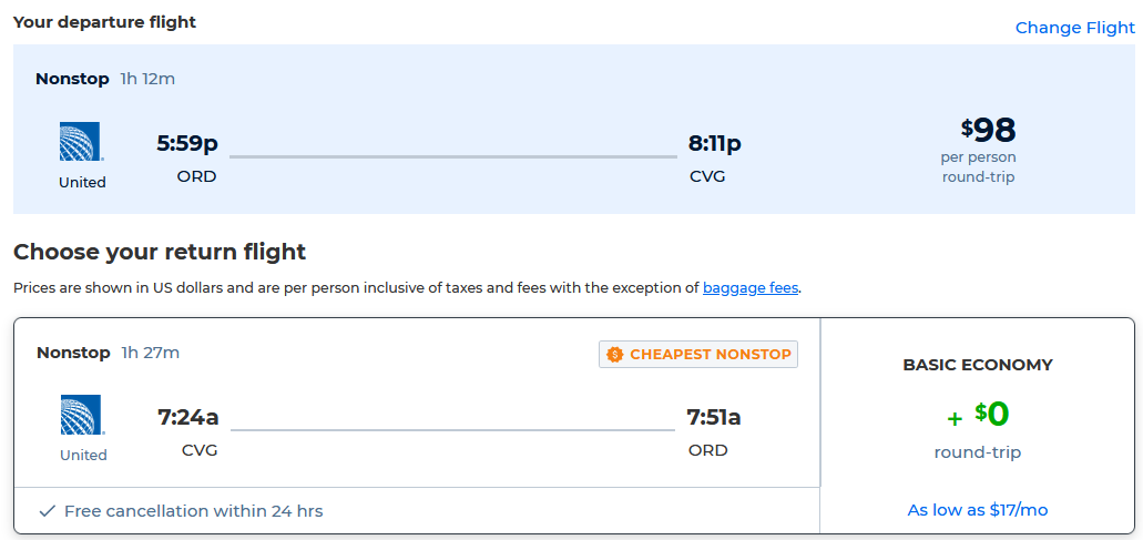 Click here to book this cheap flight deal. Non-stop flights from Chicago to Cincinnati, Ohio for only $98 roundtrip with United Airlines. Also works in reverse. Flight deal ticket image.