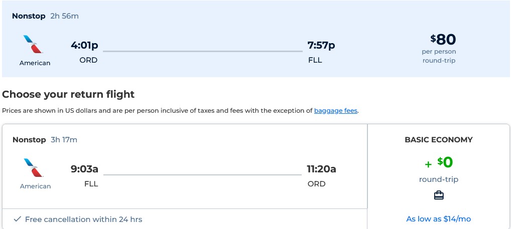 Non-stop flights from Chicago to Fort Lauderdale for only $80 roundtrip with American Airlines. Also works in reverse. Flight deal ticket image.