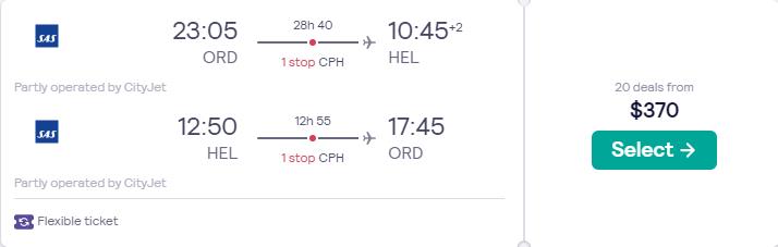 Cheap flights from Chicago to Helsinki, Finland for only $370 roundtrip with SAS. Flight deal ticket image.