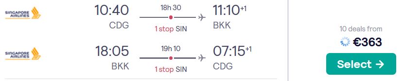 Cheap flights from Paris, France to Bangkok or Phuket, Thailand for only €363 roundtrip with Singapore Airlines. Flight deal ticket image.