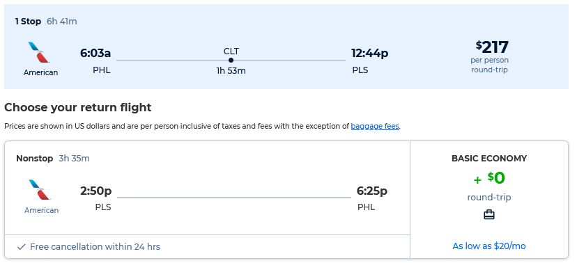 Cheap flights from Philadelphia to ________ from only $217 roundtrip with American Airlines. Flight deal ticket image.