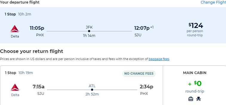 Cheap flights from Phoenix, Arizona to San Juan, Puerto Rico for only $124 roundtrip with Delta Air Lines. Flight deal ticket image.