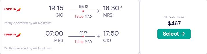 Cheap flights from Rio de Janeiro, Brazil to Marseille, France for only $467 USD roundtrip with Iberia. Flight deal ticket image.