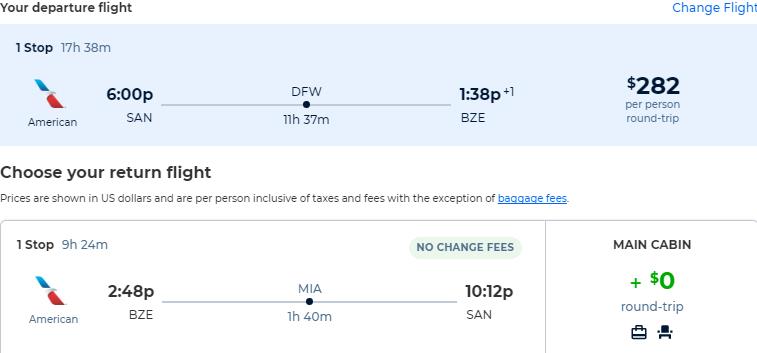Cheap flights from San Diego to Belize City, Belize for only $282 roundtrip with American Airlines. Flight deal ticket image.