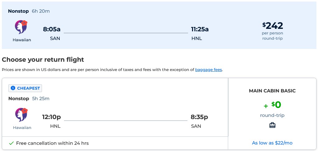 Non-stop flights from San Diego to Honolulu, Hawaii for only $242 roundtrip with Hawaiian Airlines.. Also works in reverse. Flight deal ticket image.