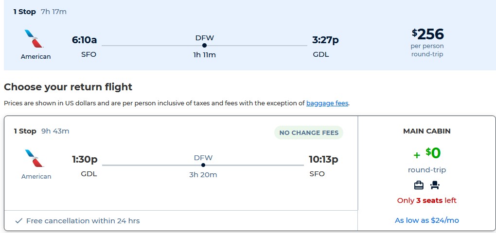 Cheap flights from San Francisco or Portland to Guadalajara, Mexico from only $256 roundtrip with American Airlines. Flight deal ticket image.