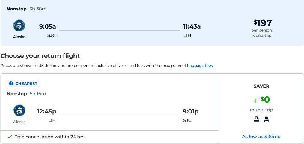Non-stop flights from San Jose, California to Lihue, Hawaii for only $197 roundtrip with Alaska Airlines. Also works in reverse. Flight deal ticket image.