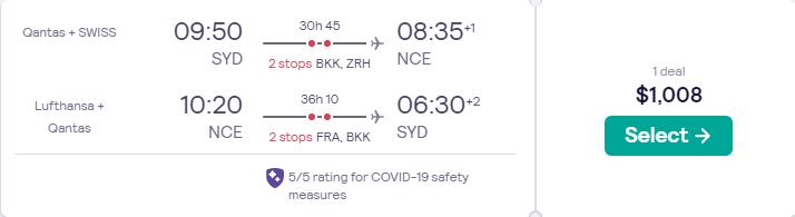 Cheap flights from Sydney, Australia to Nice, France for only $1008 AUD roundtrip with Qantas, Swiss International Air Lines and Lufthansa. Flight deal ticket image.