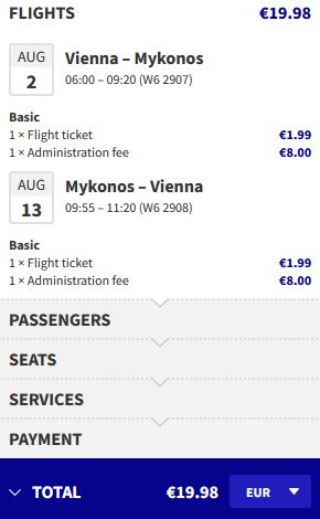 Click here to book this cheap flight deal. Summer, non-stop flights from Vienna, Austria to Mykonos, Greece for only €19 roundtrip. Flight deal ticket image.