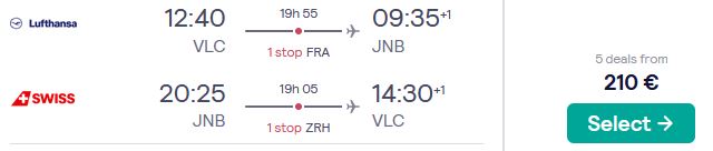 Summer flights from European cities to Johannesburg, South Africa from only €210 roundtrip with Lufthansa and Swiss International Air Lines. Flight deal ticket image.