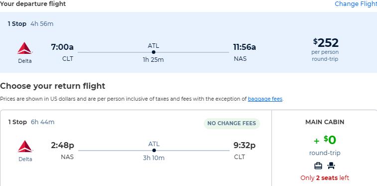 Cheap flights from US cities to the Bahamas from only $252 roundtrip with Delta Air Lines. Flight deal ticket image.