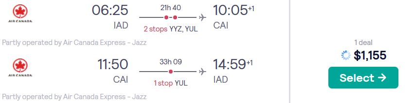 Business Class flights from many Us cities o Cairo, Egypt from only $1155 roundtrip with Air Canada. Flight deal ticket image.