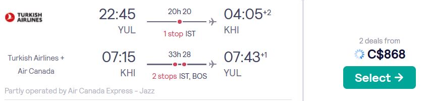 Cheap flights from Montreal, Canada to Karachi, Pakistan for only $868 CAD roundtrip with Turkish Airlines and Air Canada. Flight deal ticket image.