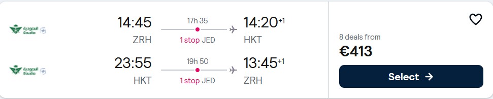 Click here to book this cheap flight deal. Cheap flights from Zurich, Switzerland to Phuket, Thailand for only €413 roundtrip. Flight deal ticket image.