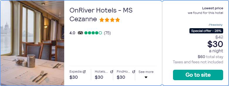 Stay at the 4* OnRiver Hotels  - MS Cezanne in bud for only $30 USD per night. Flight deal ticket image.