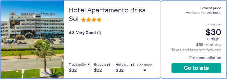 Stay at the 4* Hotel Apartamento Brisa Sol in Albufeira, Portugal for only $16 USD per night. Flight deal ticket image.