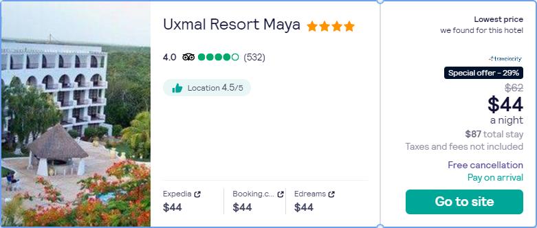 Stay at the 4* Uxmal Resort Maya in Merida, Mexico for only $44 USD per night. Flight deal ticket image.
