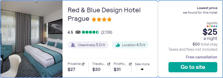 Stay at the 4* Red & Blue Design Hotel Prague in Prague, Czech Republic for only $25 USD per night. Flight deal ticket image.