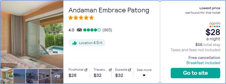 Stay at the 5* Andaman Embrace Patong in Phuket, Thailand for only $28 USD per night. Flight deal ticket image.