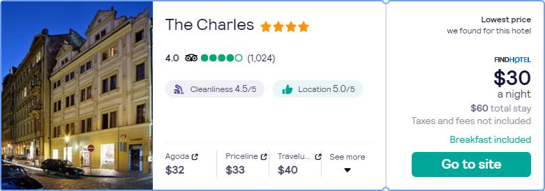 Stay at the 4* The Charles in Prague, Czech Republic for only $30 USD per night. Flight deal ticket image.
