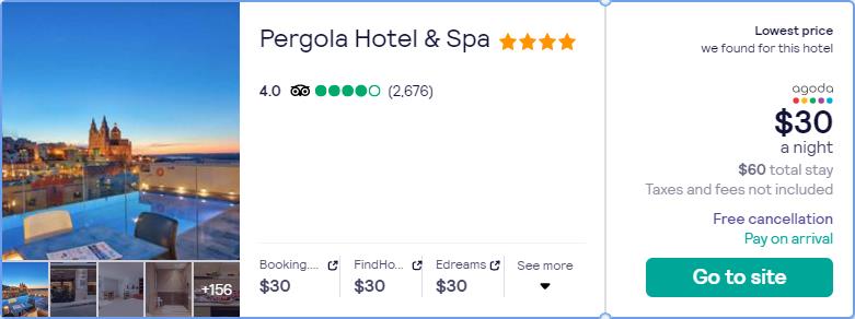 Stay at the 4* Pergola Hotel & Spa in Malta for only $30 USD per night. Flight deal ticket image.