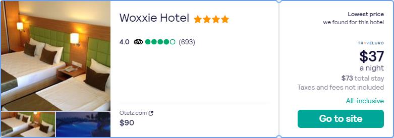 Stay at the 4* Woxxie Hotel in Bodrum, Turkey for only $37 USD per night. Flight deal ticket image.