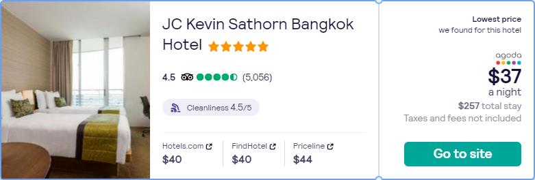 Stay at the 5* JC Kevin Sathorn Bangkok Hotel in Bangkok, Thailand for only $37 USD per night over Christmas. Flight deal ticket image.