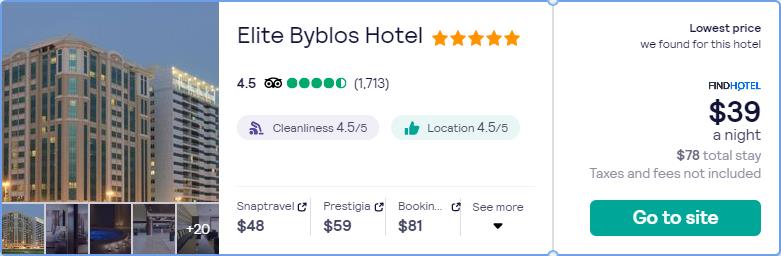 Stay at the 5* Elite Byblos Hotel in Dubai, UAE for only $39 USD per night. Flight deal ticket image.