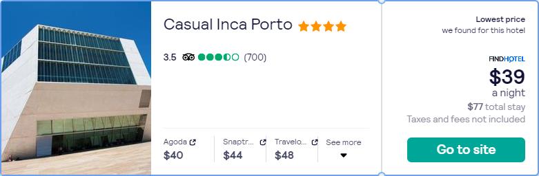 Stay at the 4* Casual Inca Porto in Porto, Portugal for only $39 USD per night. Flight deal ticket image.