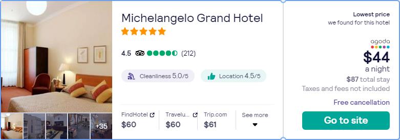 Stay at the 5* Michelangelo Grand Hotel in Prague, Czech Republic for only $44 USD per night. Flight deal ticket image.