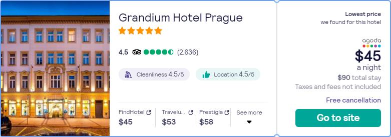 Click here to book this cheap flight deal. Stay at the 5* Grandium Hotel Prague in Prague, Czech Republic for only $45 USD per night. Flight deal ticket image.