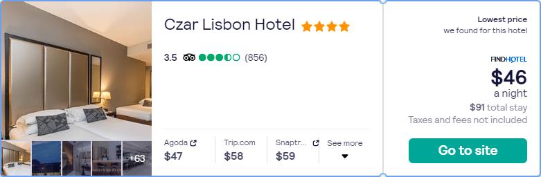 Stay at the 4* Czar Lisbon Hotel in Lisbon, Portugal for only $46 USD per night. Flight deal ticket image.