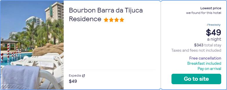 Stay at the 4* Bourbon Barra da Tijuca Residence in Rio de Janeiro, Brazil for only $49 USD per night. Flight deal ticket image.