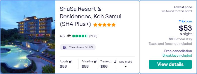 Click here to book this cheap flight deal. Stay at the 5* ShaSa Resort & Residences, Koh Samui (SHA Plus+) in Koh Samui, Thailand for only $53 USD per night. Flight deal ticket image.