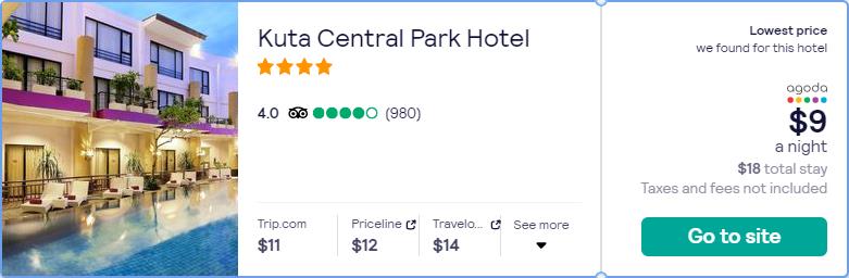 Stay at the 4* Kuta Central Park Hotel in Bali, Indonesia for only $9 USD per night over Christmas. Flight deal ticket image.