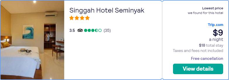 Stay at the 4* Singgah Hotel Seminyak in Bali, Indonesia for only $9 USD per night over Christmas. Flight deal ticket image.