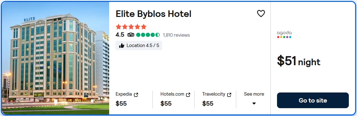 Click here to book this cheap flight deal. Stay at the 5* Elite Byblos Hotel in Dubai, UAE for only $51 USD per night. Flight deal ticket image.