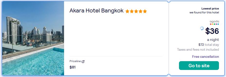 Click here to book this cheap flight deal. Stay at the 5* Akara Hotel Bangkok in Bangkok, Thailand for only $36 USD per night. Flight deal ticket image.