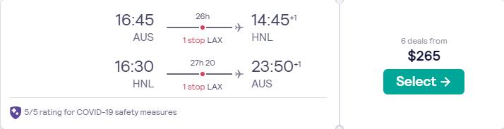 Cheap flights from Austin, Texas to Honolulu, Hawaii for only $265 roundtrip with Alaska Airlines. Also works in reverse. Flight deal ticket image.