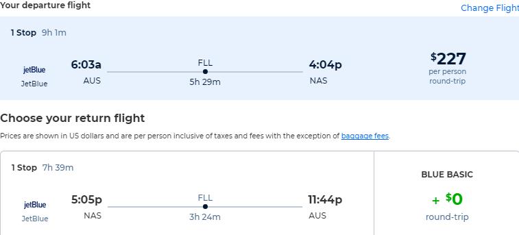 Cheap flights from Austin, Texas to the Bahamas for only $227 roundtrip with JetBlue. Flight deal ticket image.