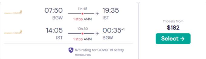 Cheap flights from Baghdad, Iraq to Istanbul, Turkey for only $182 USD roundtrip. Flight deal ticket image.
