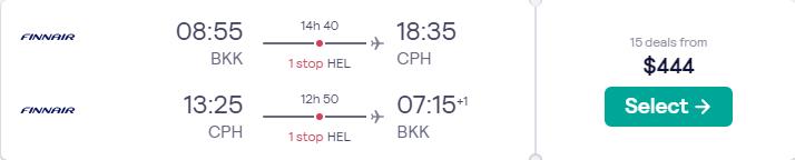 Summer flights from Bangkok, Thailand to Copenhagen, Denmark for only $444 USD roundtrip with Finnair. Flight deal ticket image.