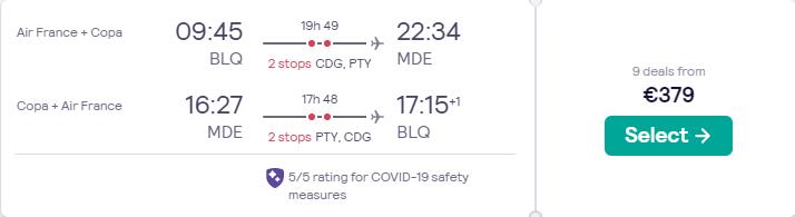 Cheap flights from Italian cities to Medellin, Colombia from only €379 roundtrip with Air France and Copa Airlines. Flight deal ticket image.