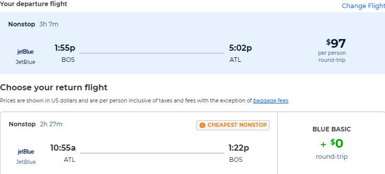 Non-stop flights from Boston to Atlanta for only $97 roundtrip with JetBlue. Also works in reverse. Flight deal ticket image.