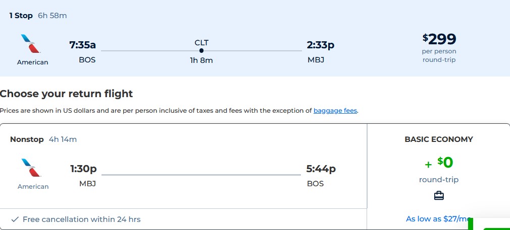Cheap flights from Boston to Montego Bay, Jamaica for only $299 roundtrip with American Airlines. Flight deal ticket image.