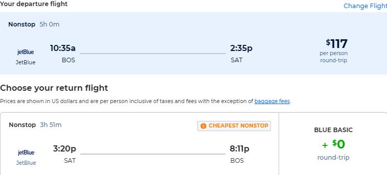 Non-stop flights from Boston to San Antonio, Texas for only $117 roundtrip with JetBlue. Also works in reverse. Flight deal ticket image.