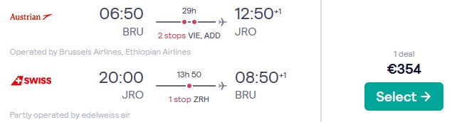 Cheap flights from Brussels, Belgium to Kilimanjaro, Tanzania for only €354 roundtrip with Brussels Airlines and Swiss International Air Lines. Flight deal ticket image.