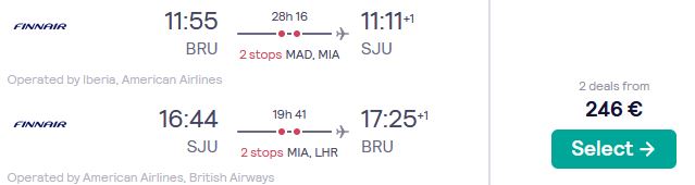 Cheap flights from European cities to San Juan, Puerto Rico from only €246 roundtrip with Finnair, British Airways and American Airlines. Flight deal ticket image.