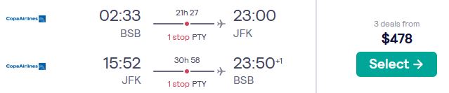 Summer flights from Brasilia, Brazil to New York, USA for only $478 USD roundtrip with Copa Airlines. Flight deal ticket image.